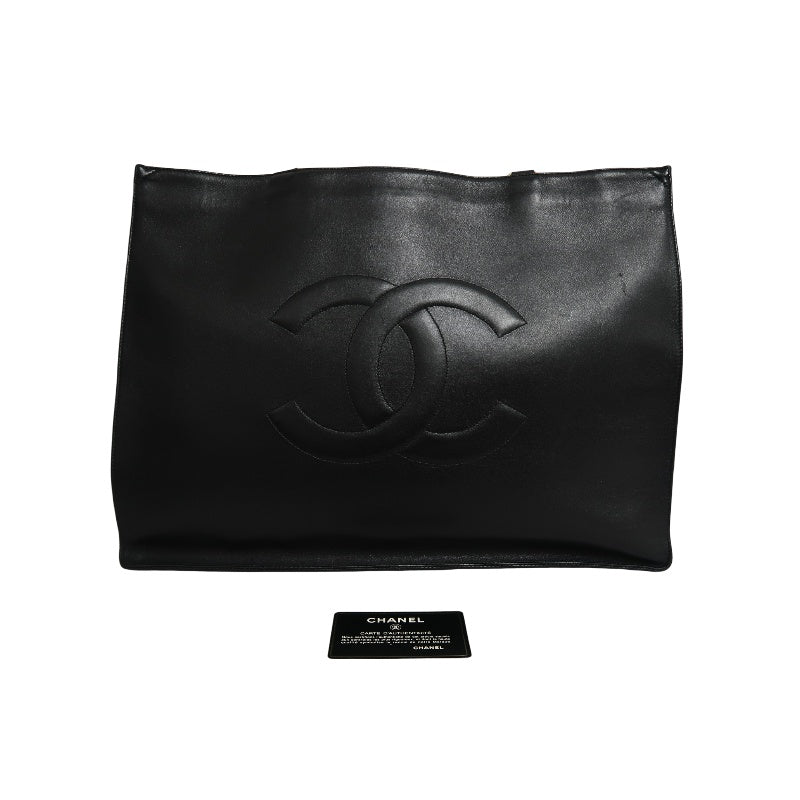 CHANEL XL Embossed CC Logo Lambskin Tote Bag Black Soft Calfskin Gold Hardware Chain Strap Spacious Vintage Iconic Classic Shopping Commute Bag