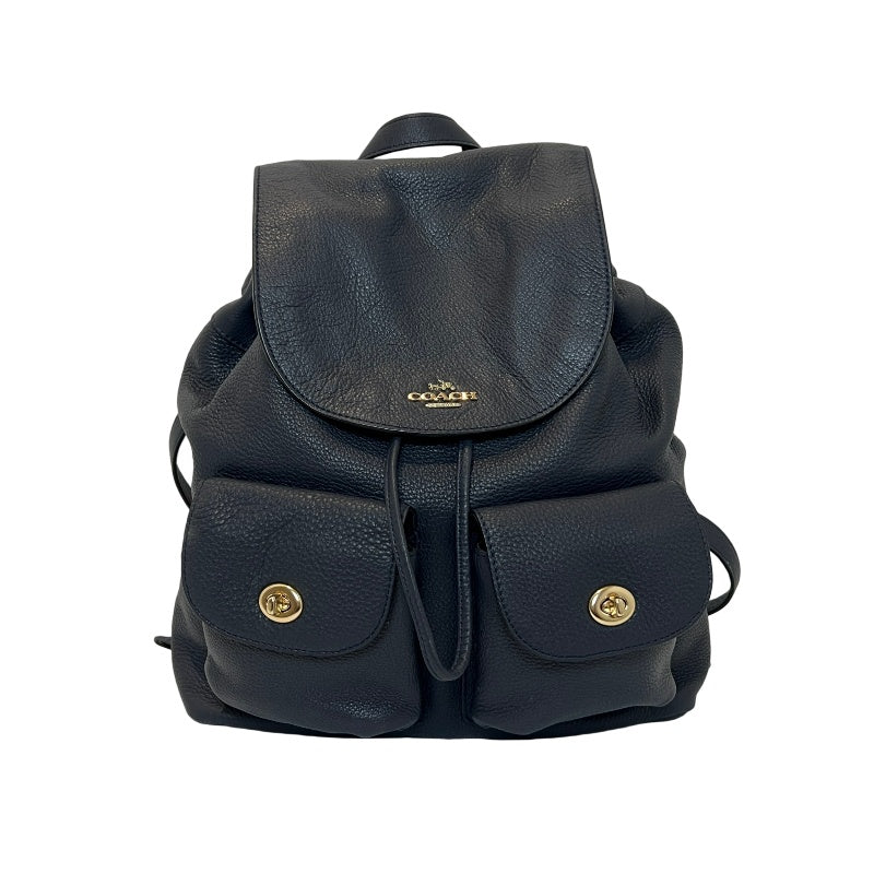 COACH Full Grain Pebbled Leather Backpack Black Calfskin Gold Hardware Front Twist Lock Pocket Spacious Casual Daily Commute Classic Design