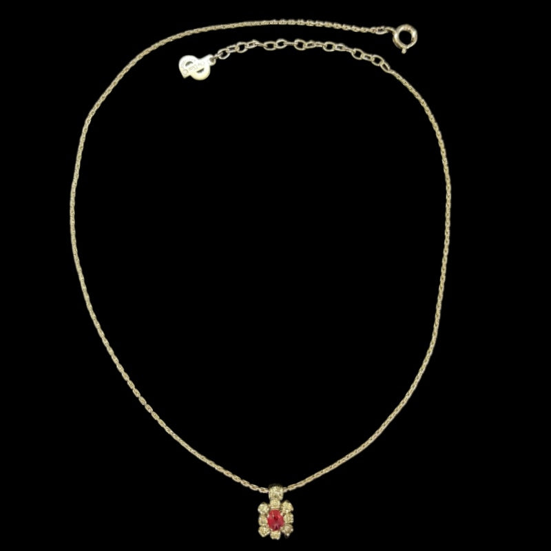 DIOR Ruby Central Stone Surrounding Crystal Pendant Necklace Silver Tone Hardware