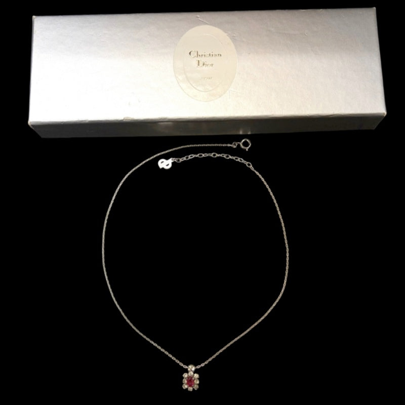 DIOR Ruby Central Stone Surrounding Crystal Pendant Necklace Silver Tone Hardware