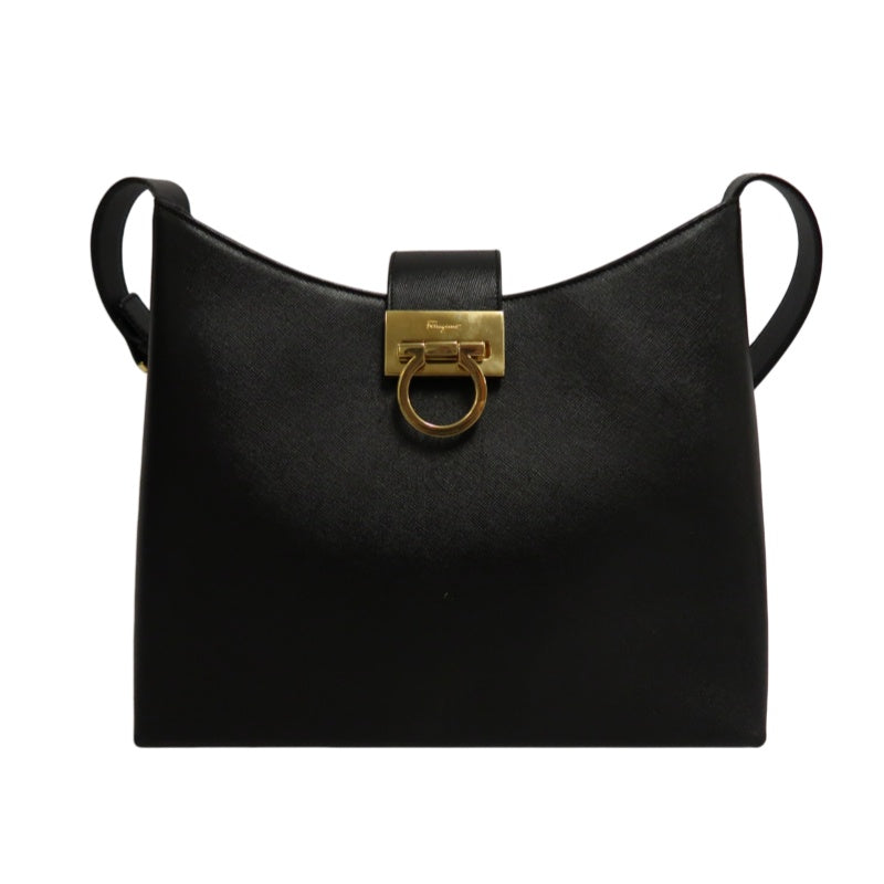 FERRAGAMO Gancini PVC Shoulder Bag Black Gold-Tone Hardware