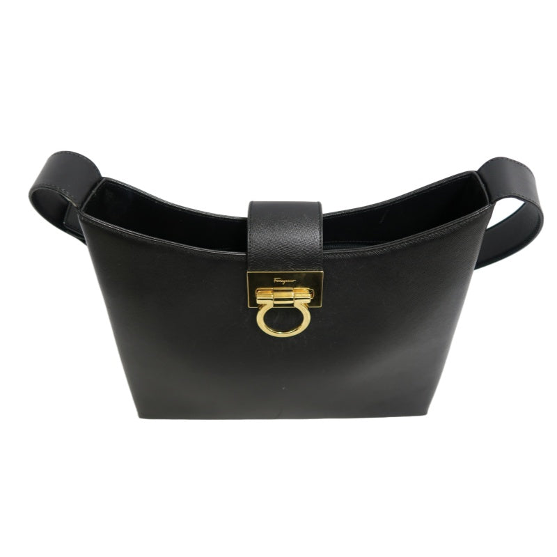 FERRAGAMO Gancini PVC Shoulder Bag Black Gold-Tone Hardware