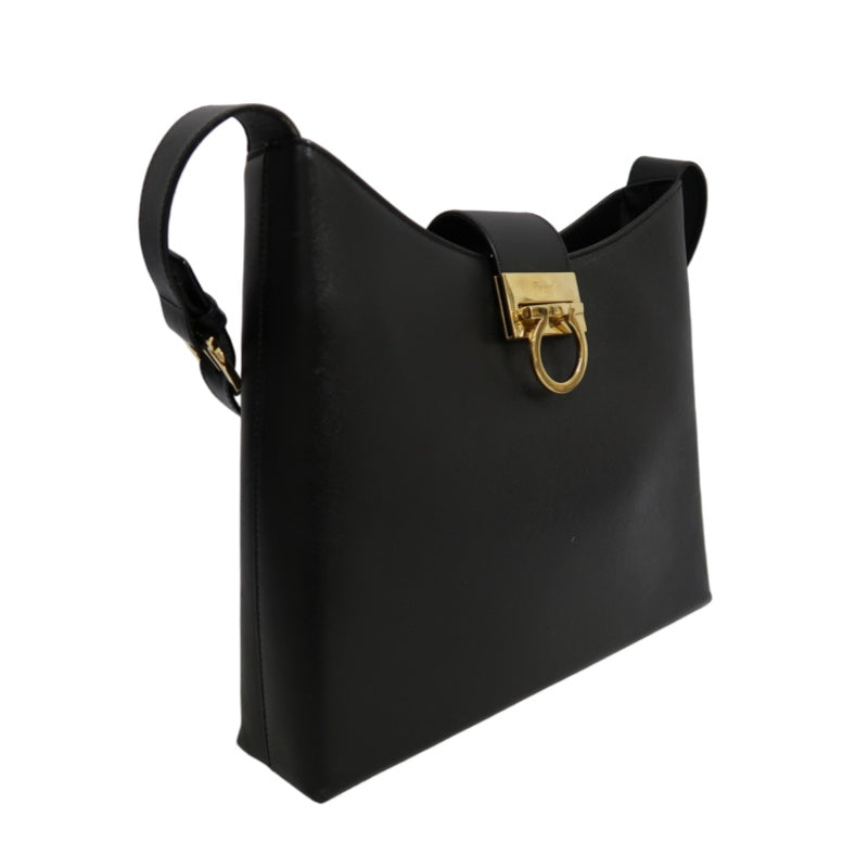 FERRAGAMO Gancini PVC Shoulder Bag Black Gold-Tone Hardware