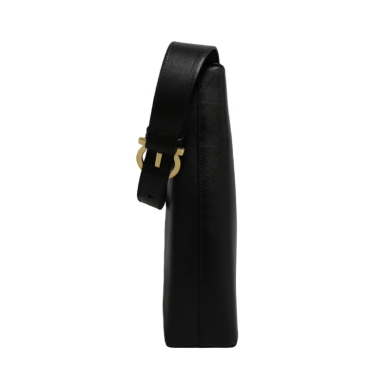 FERRAGAMO Gancini PVC Shoulder Bag Black Gold-Tone Hardware