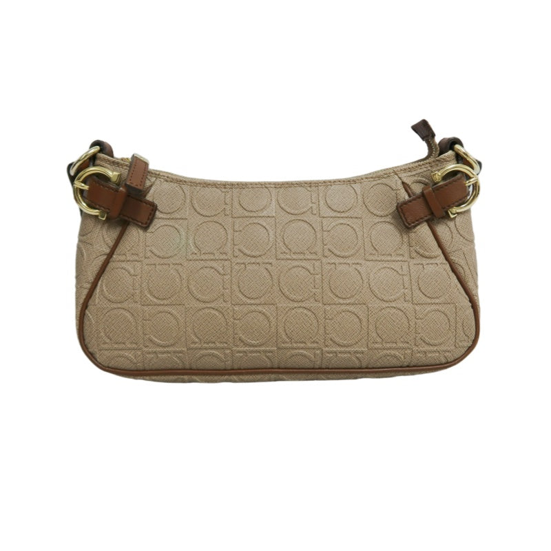 FERRAGAMO Monogram Embossed Shoulder Pouch Bag Brown Tan Leather Trim Gold Hardware Vintage Casual with Original Box