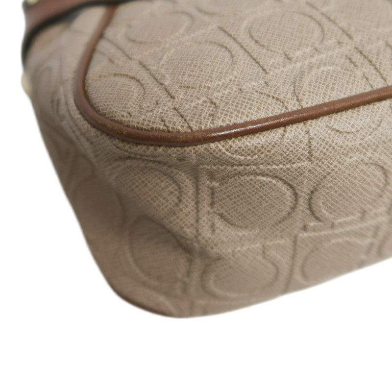 FERRAGAMO Monogram Embossed Shoulder Pouch Bag Brown Tan Leather Trim Gold Hardware Vintage Casual with Original Box
