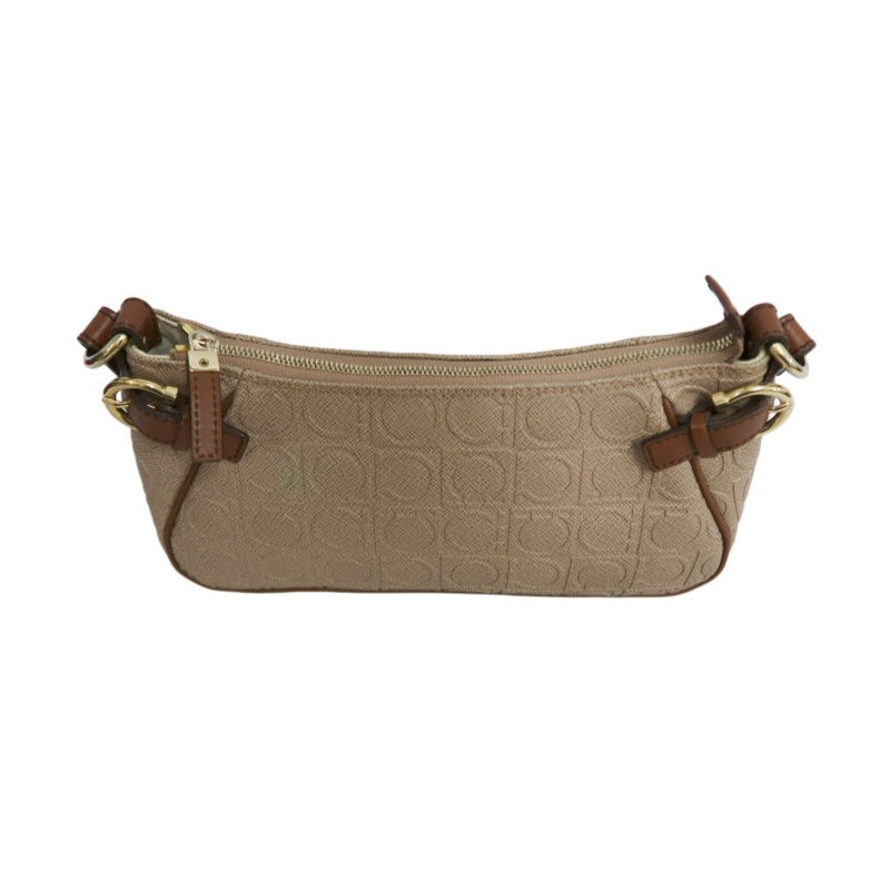 FERRAGAMO Monogram Embossed Shoulder Pouch Bag Brown Tan Leather Trim Gold Hardware Vintage Casual with Original Box