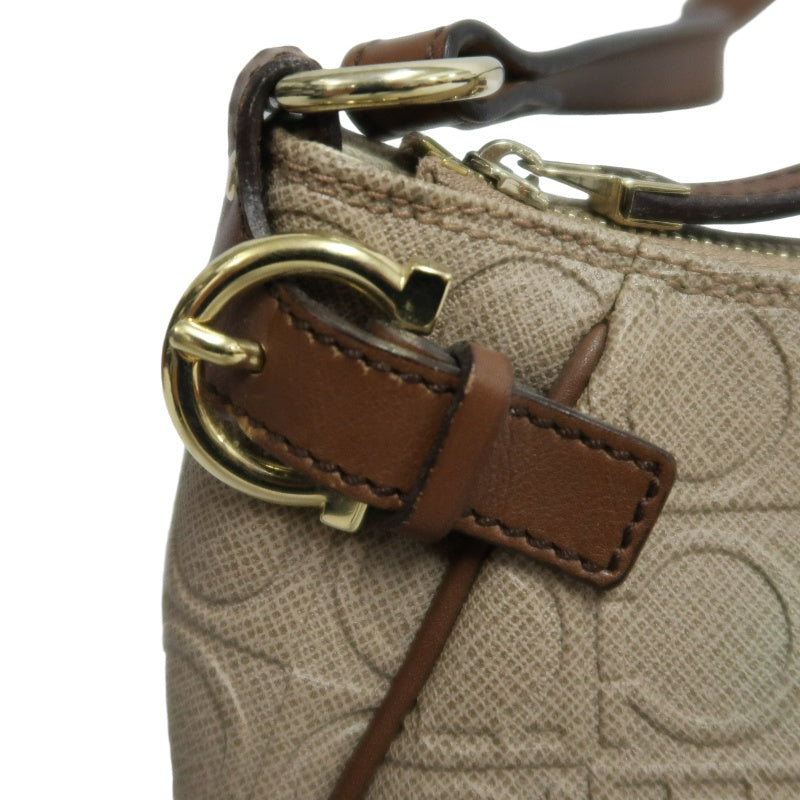 FERRAGAMO Monogram Embossed Shoulder Pouch Bag Brown Tan Leather Trim Gold Hardware Vintage Casual with Original Box