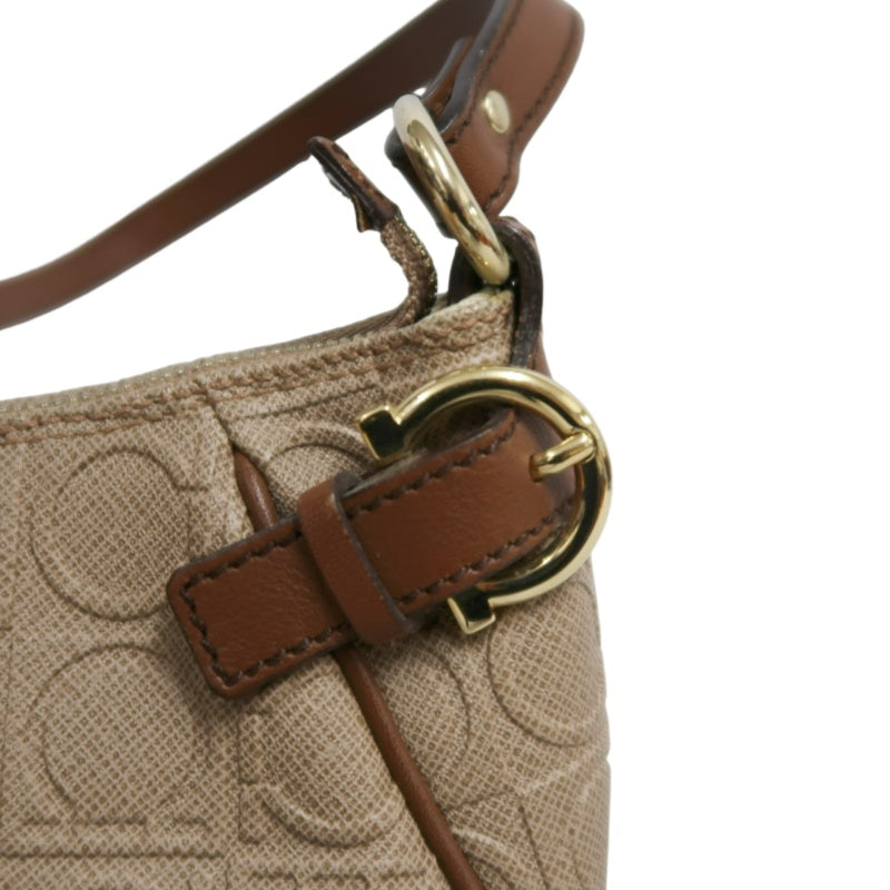 FERRAGAMO Monogram Embossed Shoulder Pouch Bag Brown Tan Leather Trim Gold Hardware Vintage Casual with Original Box
