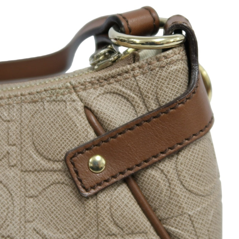 FERRAGAMO Monogram Embossed Shoulder Pouch Bag Brown Tan Leather Trim Gold Hardware Vintage Casual with Original Box
