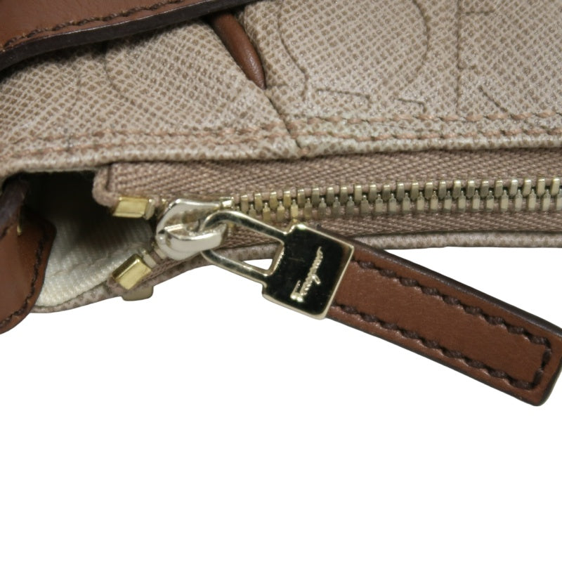 FERRAGAMO Monogram Embossed Shoulder Pouch Bag Brown Tan Leather Trim Gold Hardware Vintage Casual with Original Box