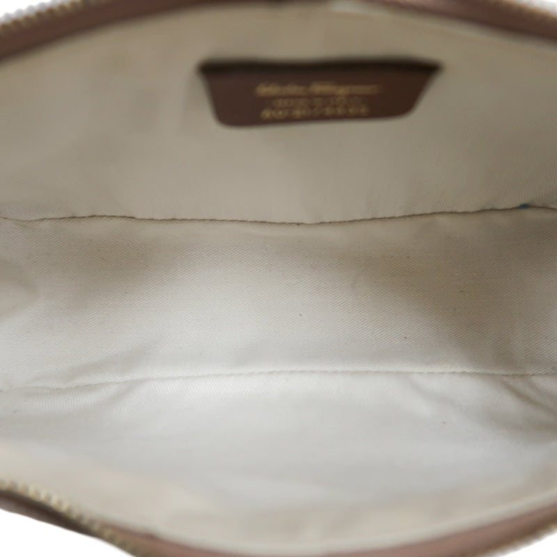 FERRAGAMO Monogram Embossed Shoulder Pouch Bag Brown Tan Leather Trim Gold Hardware Vintage Casual with Original Box