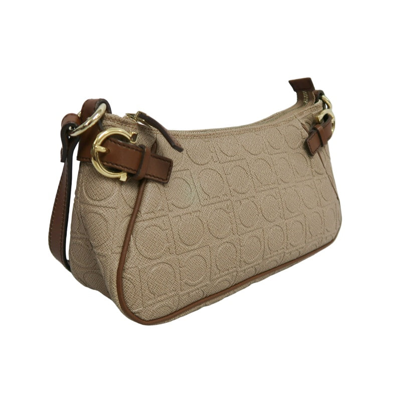 FERRAGAMO Monogram Embossed Shoulder Pouch Bag Brown Tan Leather Trim Gold Hardware Vintage Casual with Original Box