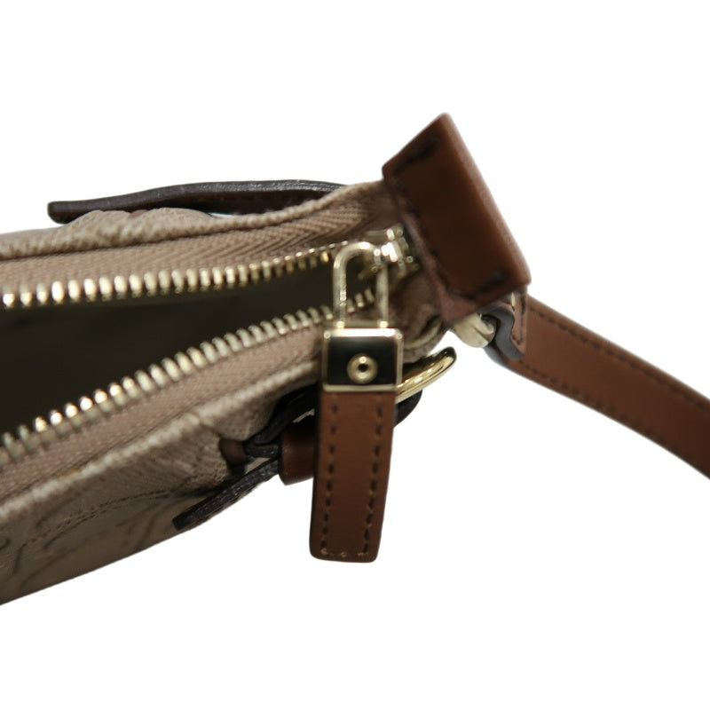 FERRAGAMO Monogram Embossed Shoulder Pouch Bag Brown Tan Leather Trim Gold Hardware Vintage Casual with Original Box