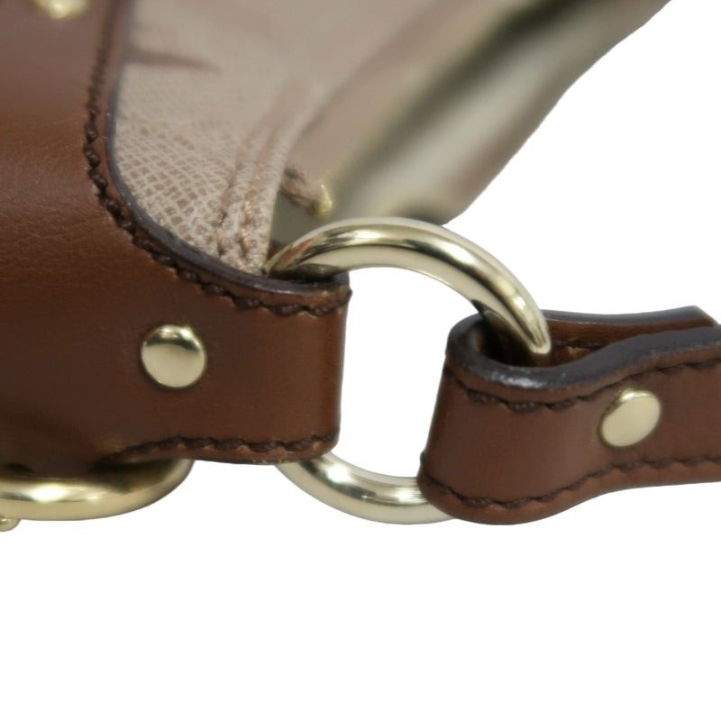 FERRAGAMO Monogram Embossed Shoulder Pouch Bag Brown Tan Leather Trim Gold Hardware Vintage Casual with Original Box