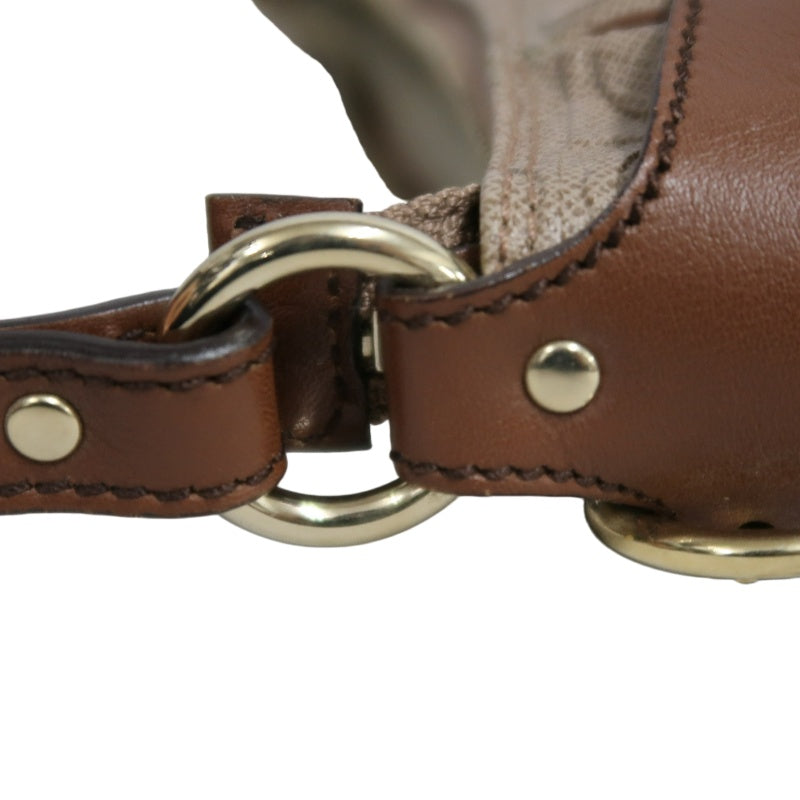 FERRAGAMO Monogram Embossed Shoulder Pouch Bag Brown Tan Leather Trim Gold Hardware Vintage Casual with Original Box