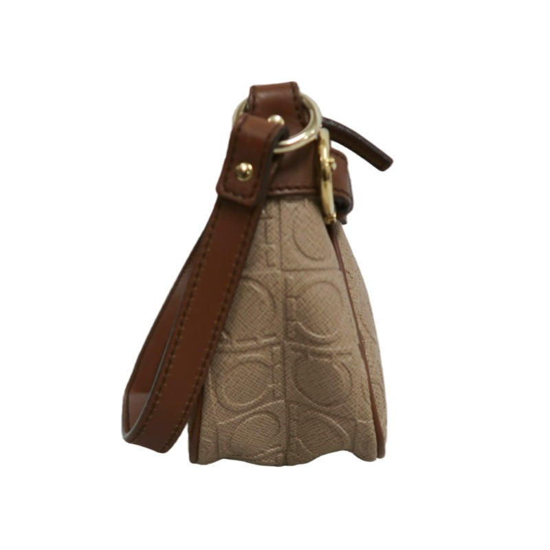 FERRAGAMO Monogram Embossed Shoulder Pouch Bag Brown Tan Leather Trim Gold Hardware Vintage Casual with Original Box