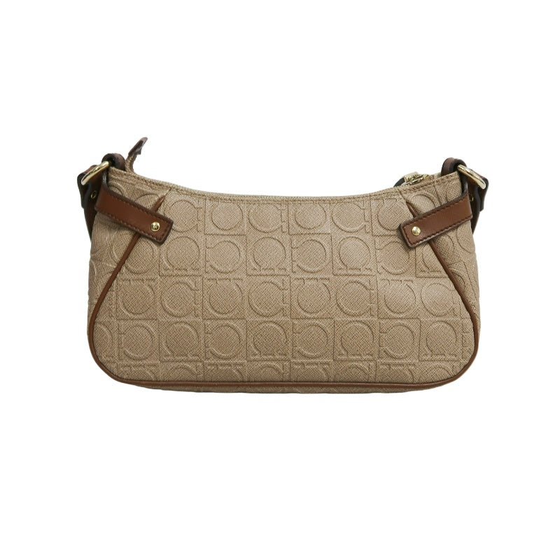 FERRAGAMO Monogram Embossed Shoulder Pouch Bag Brown Tan Leather Trim Gold Hardware Vintage Casual with Original Box