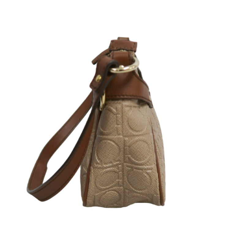 FERRAGAMO Monogram Embossed Shoulder Pouch Bag Brown Tan Leather Trim Gold Hardware Vintage Casual with Original Box