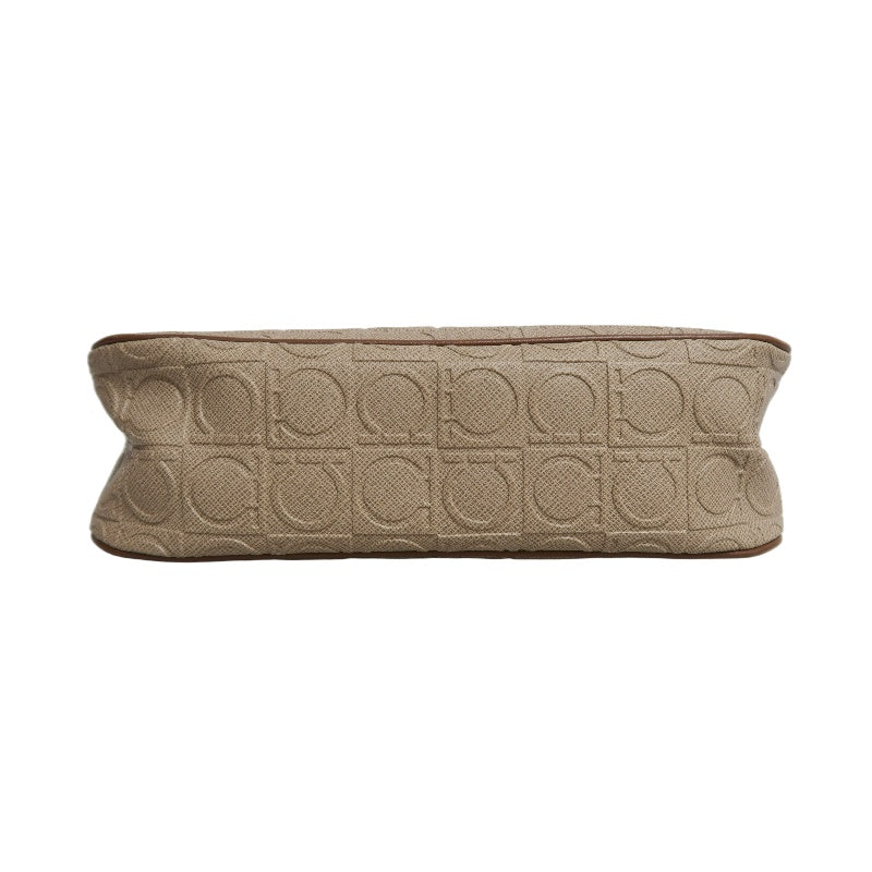FERRAGAMO Monogram Embossed Shoulder Pouch Bag Brown Tan Leather Trim Gold Hardware Vintage Casual with Original Box