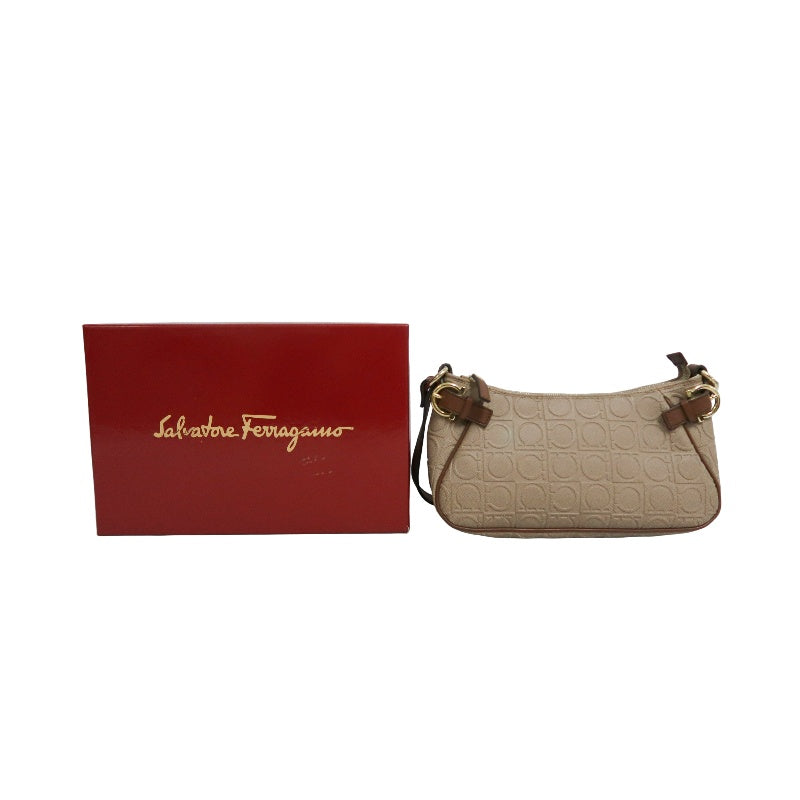 FERRAGAMO Monogram Embossed Shoulder Pouch Bag Brown Tan Leather Trim Gold Hardware Vintage Casual with Original Box