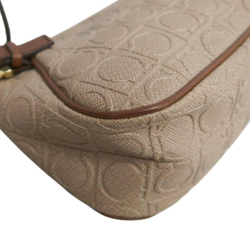 FERRAGAMO Monogram Embossed Shoulder Pouch Bag Brown Tan Leather Trim Gold Hardware Vintage Casual with Original Box