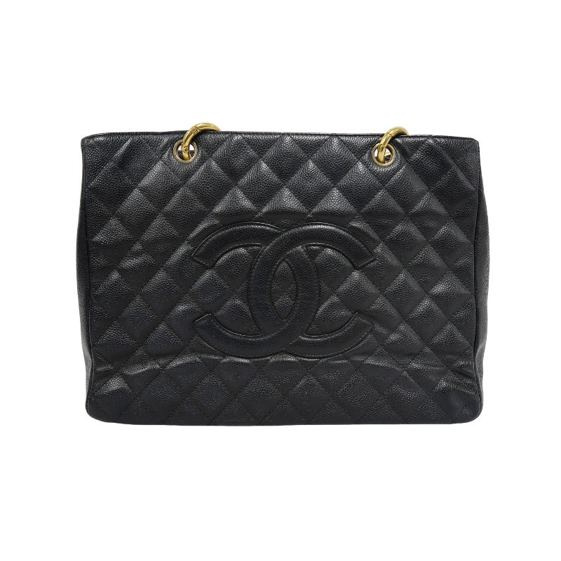 CHANEL Grand Shopping Tote GST Caviar Skin Quilted Shoulder Bag Black Grained Calfskin CC Logo Stitching Gold Chain Hardware Spacious Commute Classic Timeless Iconic Vintage Bag