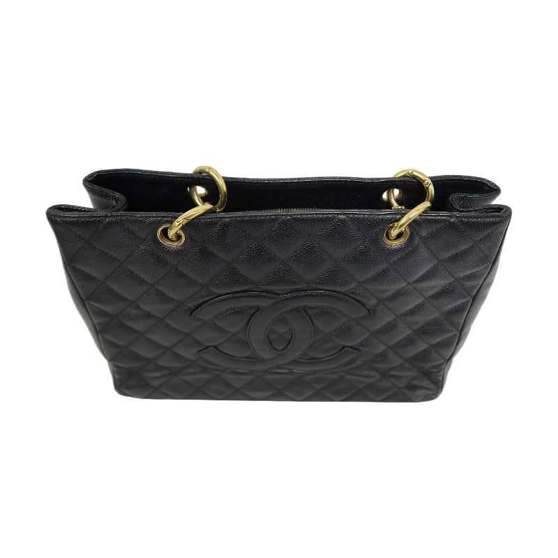 CHANEL Grand Shopping Tote GST Caviar Skin Quilted Shoulder Bag Black Grained Calfskin CC Logo Stitching Gold Chain Hardware Spacious Commute Classic Timeless Iconic Vintage Bag