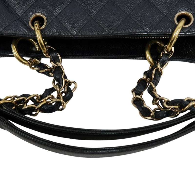 CHANEL Grand Shopping Tote GST Caviar Skin Quilted Shoulder Bag Black Grained Calfskin CC Logo Stitching Gold Chain Hardware Spacious Commute Classic Timeless Iconic Vintage Bag