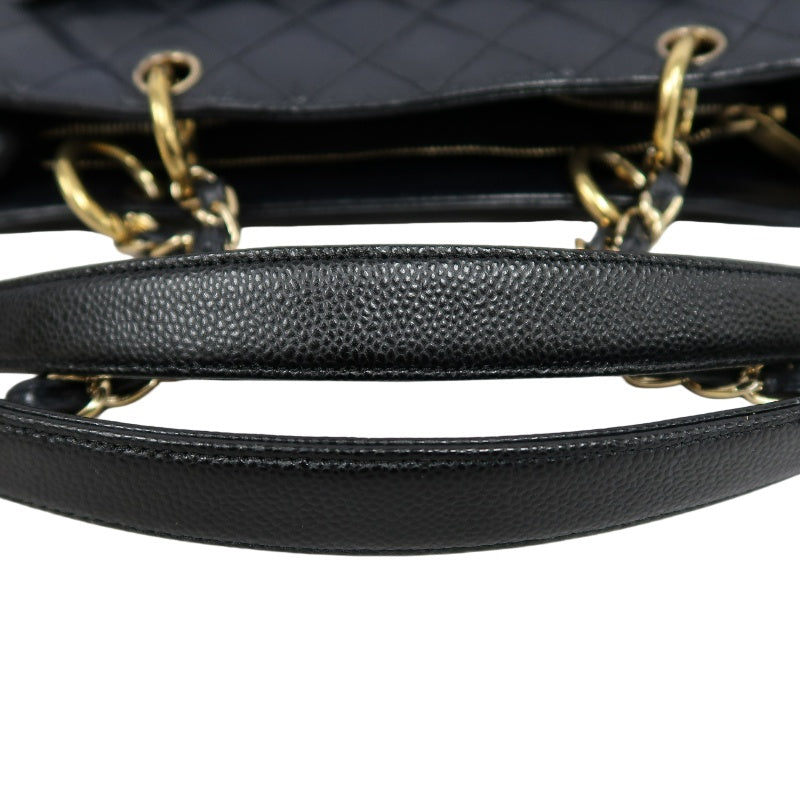 CHANEL Grand Shopping Tote GST Caviar Skin Quilted Shoulder Bag Black Grained Calfskin CC Logo Stitching Gold Chain Hardware Spacious Commute Classic Timeless Iconic Vintage Bag