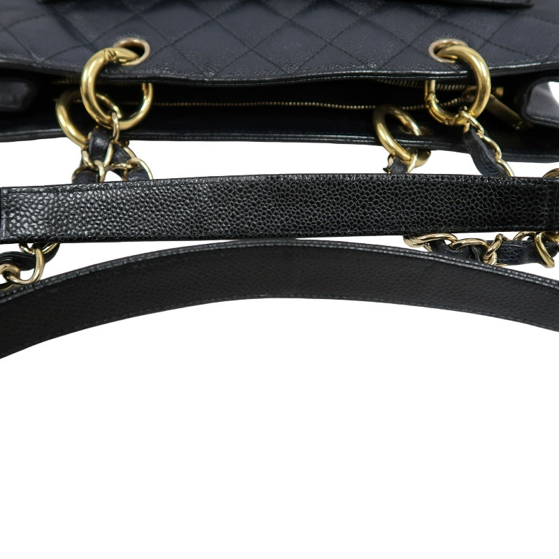 CHANEL Grand Shopping Tote GST Caviar Skin Quilted Shoulder Bag Black Grained Calfskin CC Logo Stitching Gold Chain Hardware Spacious Commute Classic Timeless Iconic Vintage Bag