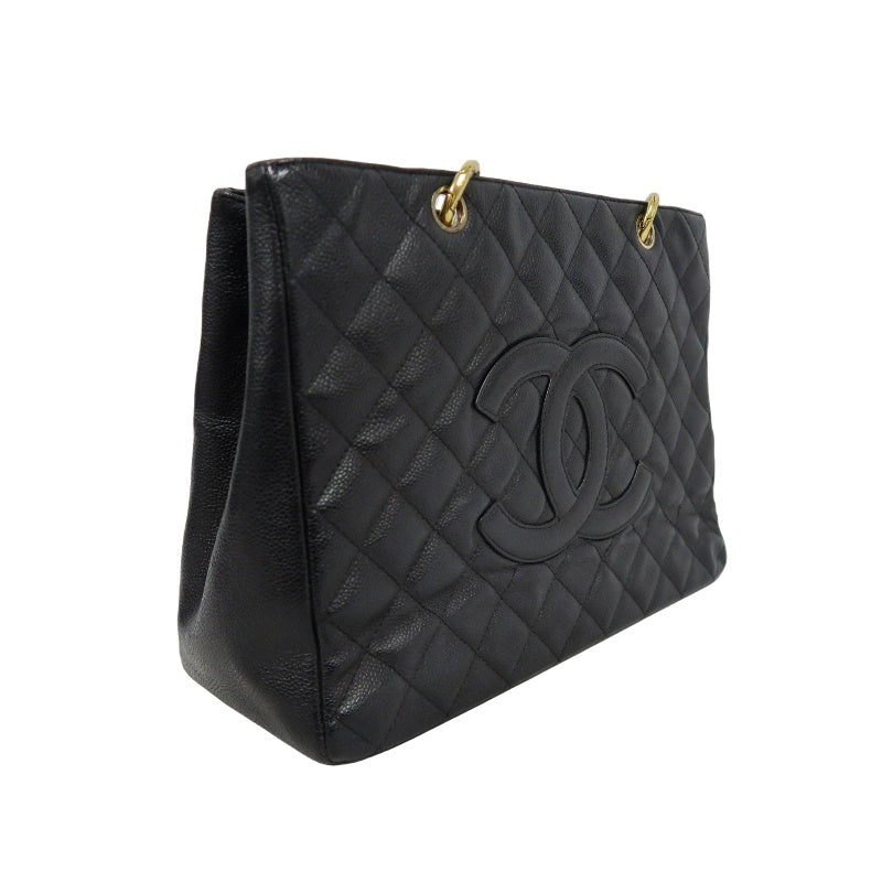 CHANEL Grand Shopping Tote GST Caviar Skin Quilted Shoulder Bag Black Grained Calfskin CC Logo Stitching Gold Chain Hardware Spacious Commute Classic Timeless Iconic Vintage Bag