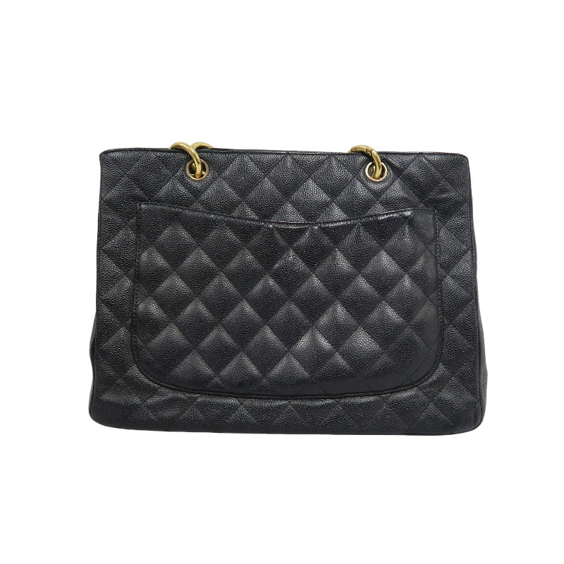 CHANEL Grand Shopping Tote GST Caviar Skin Quilted Shoulder Bag Black Grained Calfskin CC Logo Stitching Gold Chain Hardware Spacious Commute Classic Timeless Iconic Vintage Bag