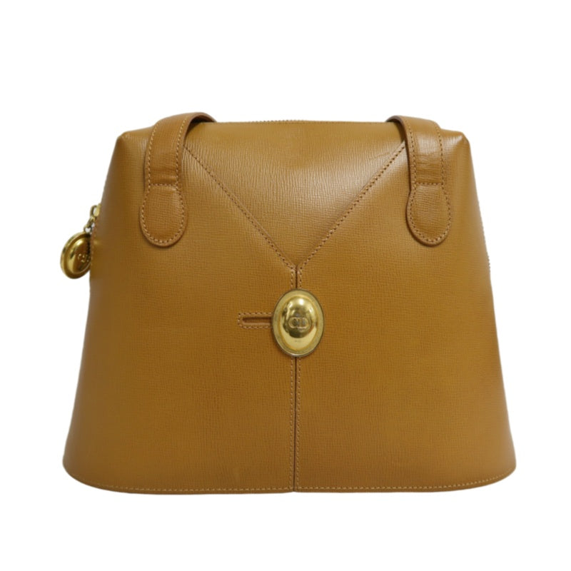 DIOR Vintage Oval Logo Shoulder Bag Calfskin Camel Brown Gold Hardware