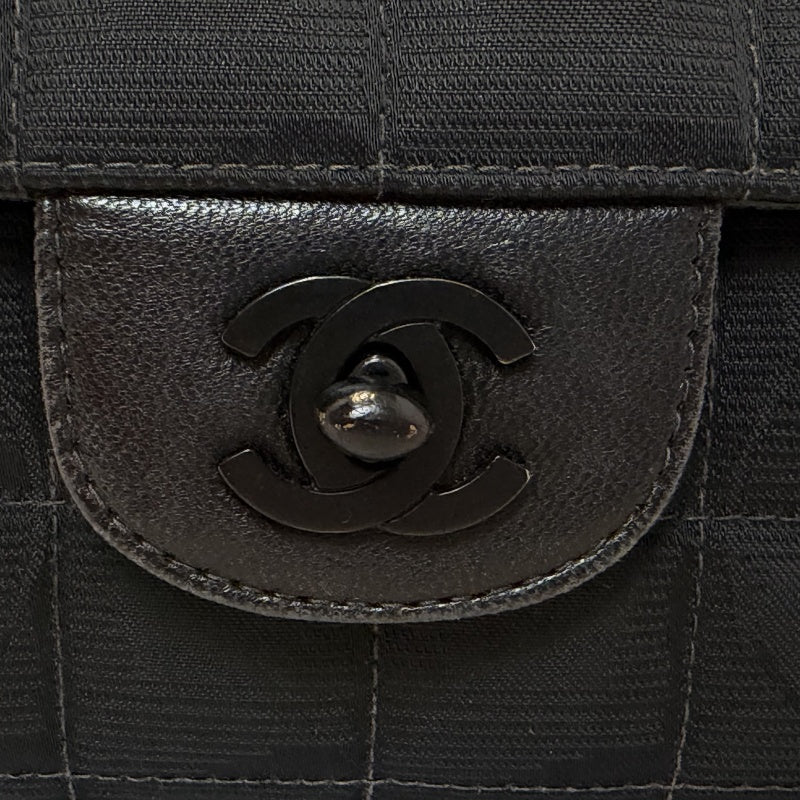 CHANEL New Travel Line Embossed CC Checker Nylon Flap Chain Shoulder Bag Black Monogram Canvas Black CC Turnlock Hardware Vintage Classic Accessory with Original Dust Bag