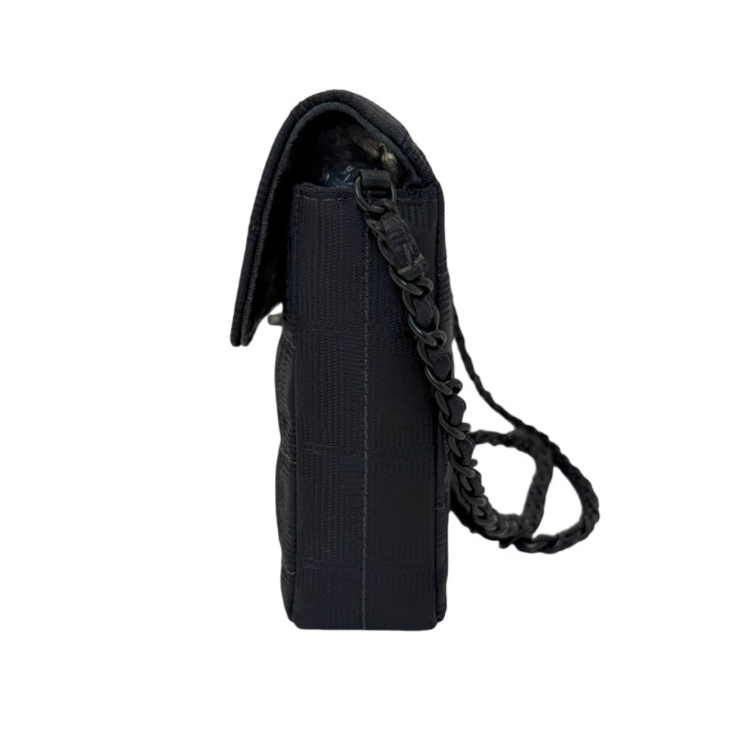CHANEL New Travel Line Embossed CC Checker Nylon Flap Chain Shoulder Bag Black Monogram Canvas Black CC Turnlock Hardware Vintage Classic Accessory with Original Dust Bag