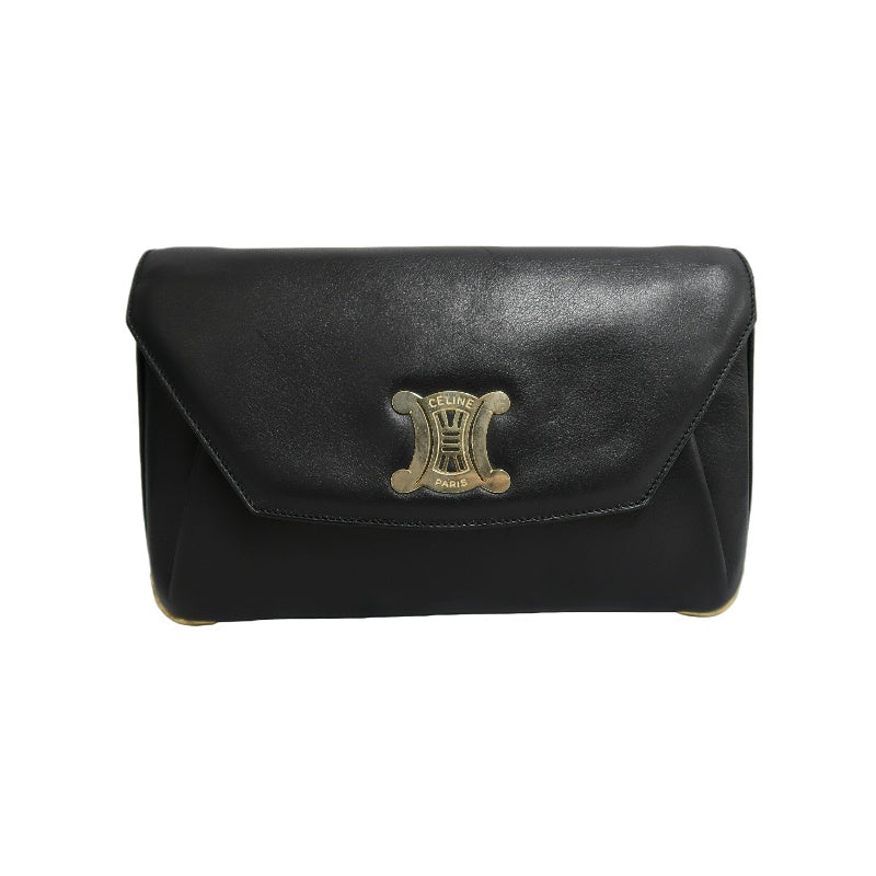 CELINE Triomphe Envelope Shoulder Bag Black Calfskin Gold Hardware Classic Triomphe Logo Plate Vintage Elegant Design