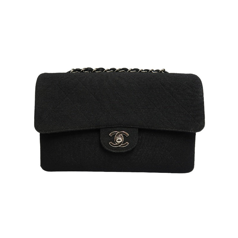 CHANEL Quilted Cotton Fabric Classic CF Flap Chain Shoulder Bag Black Soft Woven Material Silver CC Turnlock Hardware Lightweight Casual Vintage Classic with Original Dust Bag