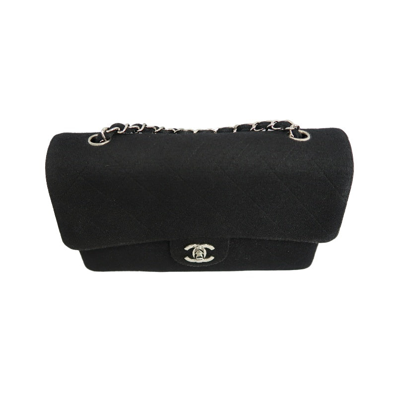 CHANEL Quilted Cotton Fabric Classic CF Flap Chain Shoulder Bag Black Soft Woven Material Silver CC Turnlock Hardware Lightweight Casual Vintage Classic with Original Dust Bag