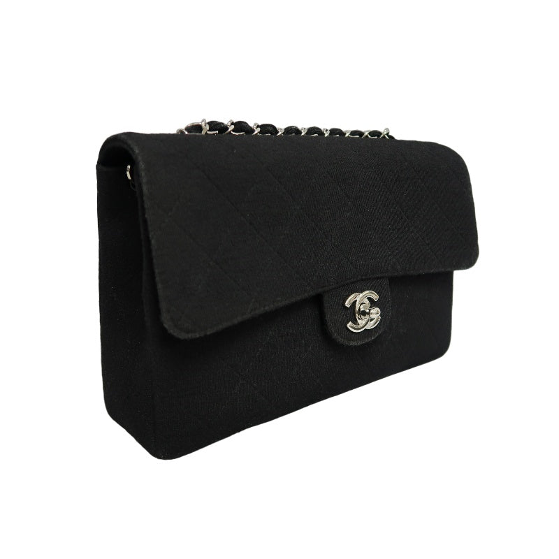 CHANEL Quilted Cotton Fabric Classic CF Flap Chain Shoulder Bag Black Soft Woven Material Silver CC Turnlock Hardware Lightweight Casual Vintage Classic with Original Dust Bag