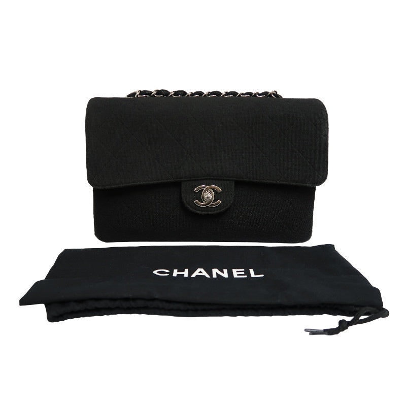 CHANEL Quilted Cotton Fabric Classic CF Flap Chain Shoulder Bag Black Soft Woven Material Silver CC Turnlock Hardware Lightweight Casual Vintage Classic with Original Dust Bag