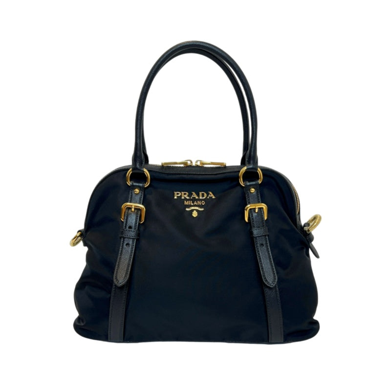 PRADA Tessuto Nylon Dome Handbag Black Nylon Saffiano Leather Trim Gold Hardware Spacious Work Bag with Detachable Shoulder Strap Classic Practical Design