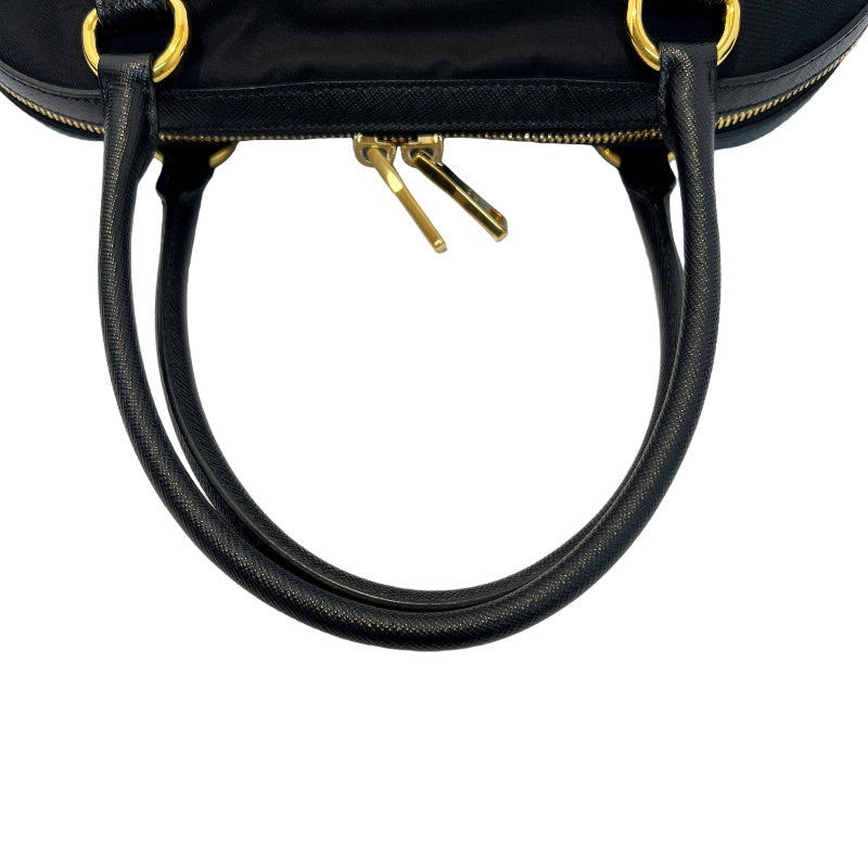 PRADA Tessuto Nylon Dome Handbag Black Nylon Saffiano Leather Trim Gold Hardware Spacious Work Bag with Detachable Shoulder Strap Classic Practical Design