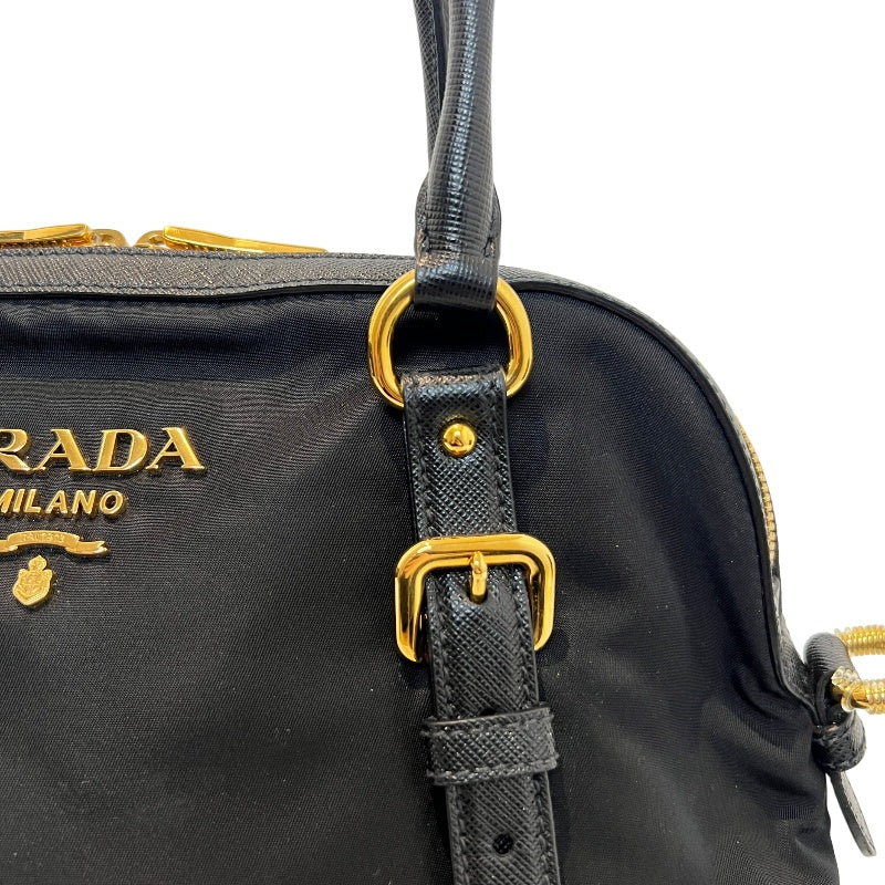 PRADA Tessuto Nylon Dome Handbag Black Nylon Saffiano Leather Trim Gold Hardware Spacious Work Bag with Detachable Shoulder Strap Classic Practical Design