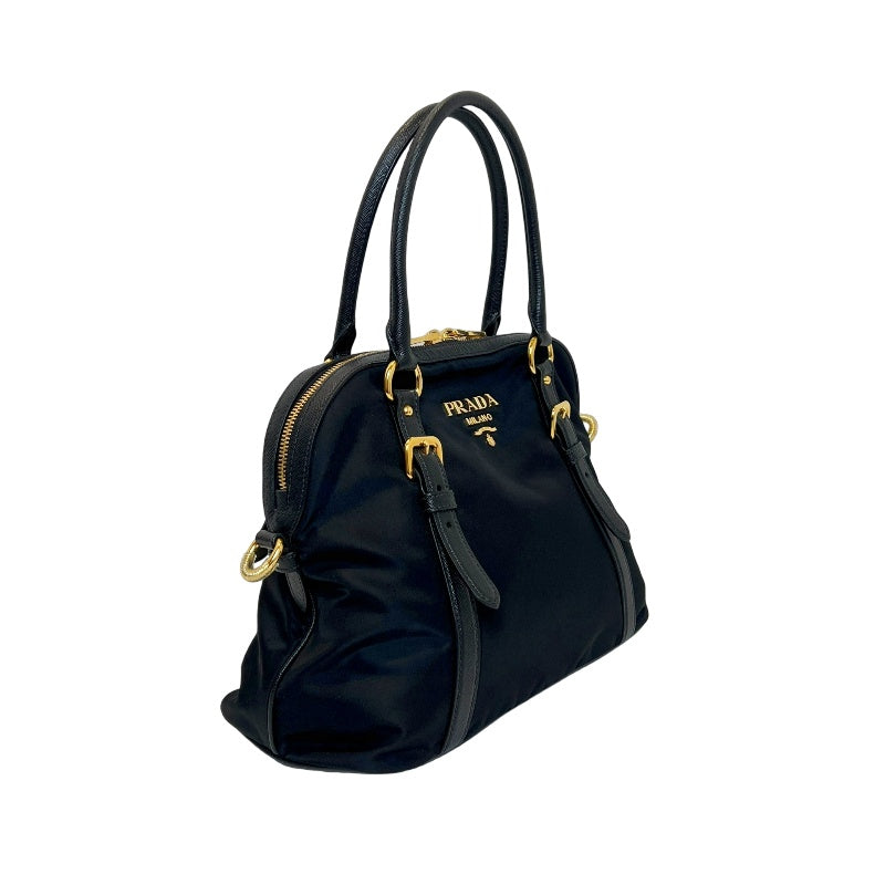 PRADA Tessuto Nylon Dome Handbag Black Nylon Saffiano Leather Trim Gold Hardware Spacious Work Bag with Detachable Shoulder Strap Classic Practical Design