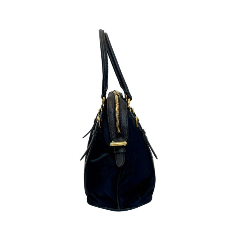 PRADA Tessuto Nylon Dome Handbag Black Nylon Saffiano Leather Trim Gold Hardware Spacious Work Bag with Detachable Shoulder Strap Classic Practical Design