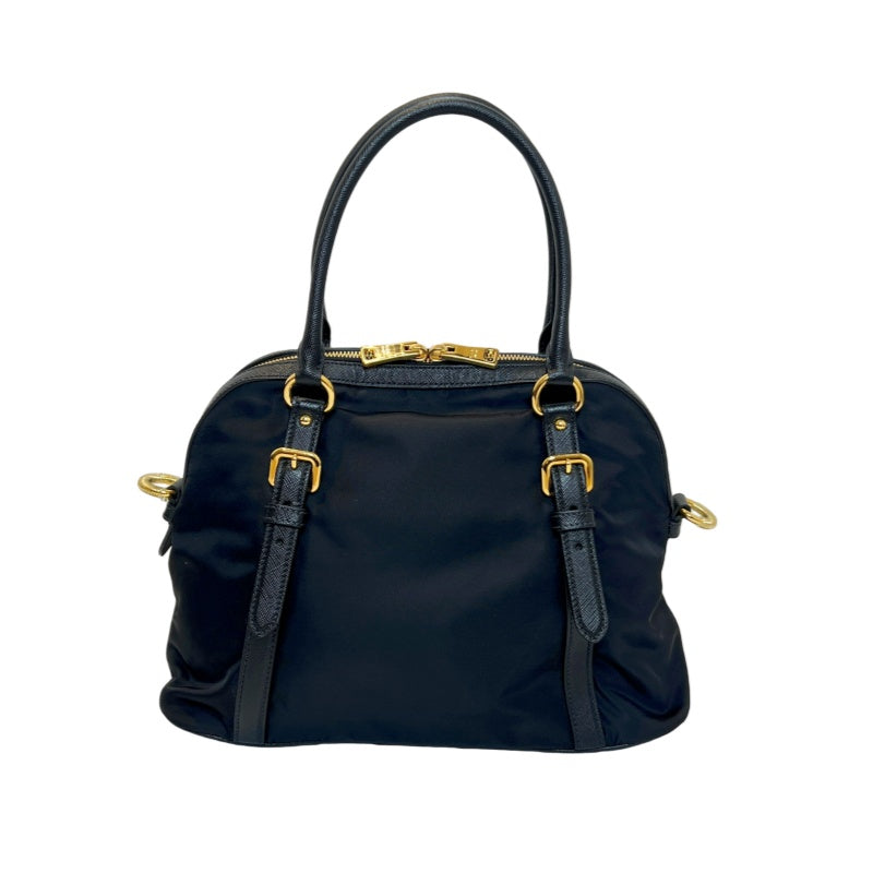 PRADA Tessuto Nylon Dome Handbag Black Nylon Saffiano Leather Trim Gold Hardware Spacious Work Bag with Detachable Shoulder Strap Classic Practical Design