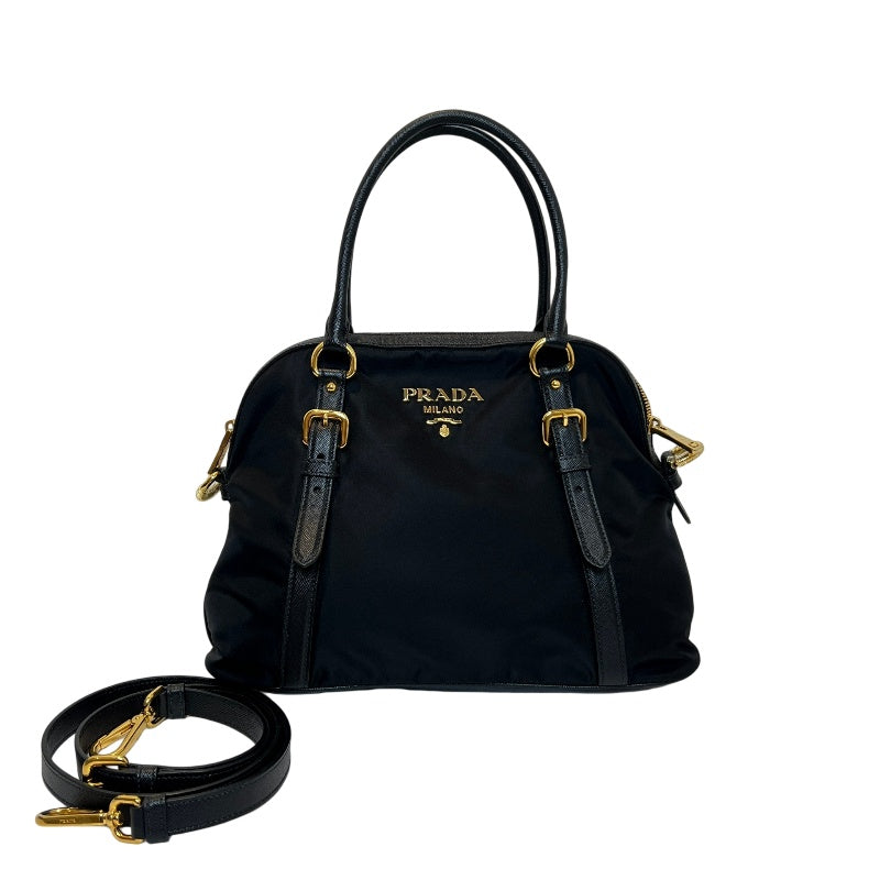 PRADA Tessuto Nylon Dome Handbag Black Nylon Saffiano Leather Trim Gold Hardware Spacious Work Bag with Detachable Shoulder Strap Classic Practical Design