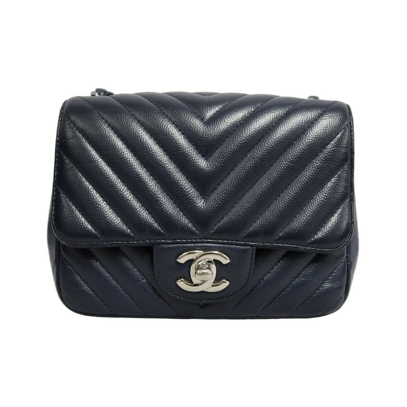 CHANEL Chevron V-Stitch Mini Classic Flap Bag Navy Blue Calfskin Silver Hardware Full Set with Box & Dust Bag No Sticker