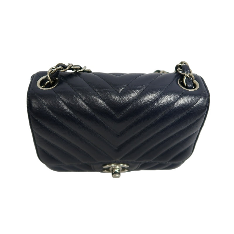 CHANEL Chevron V-Stitch Mini Classic Flap Bag Navy Blue Calfskin Silver Hardware Full Set with Box & Dust Bag No Sticker